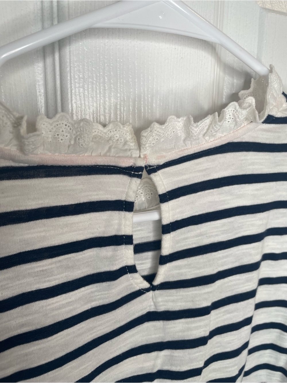 Boden Broderie Lace Ruffle Detail Striped Top Feminine Nautical in Blue/White 14 - Picture 9 of 12